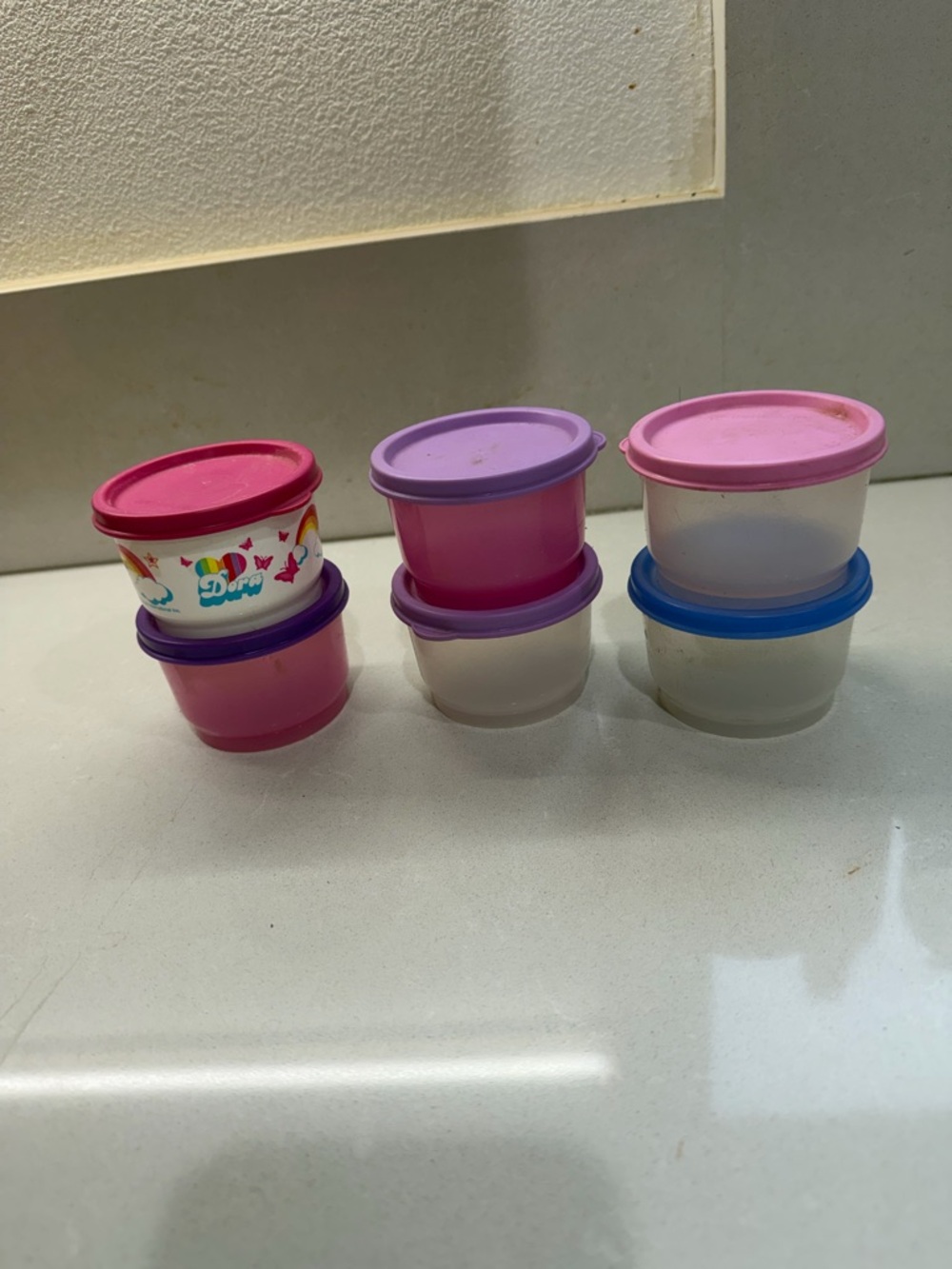 Tupperware Small Round Containers with Pink, Purple & Blue Lids Snack cups.